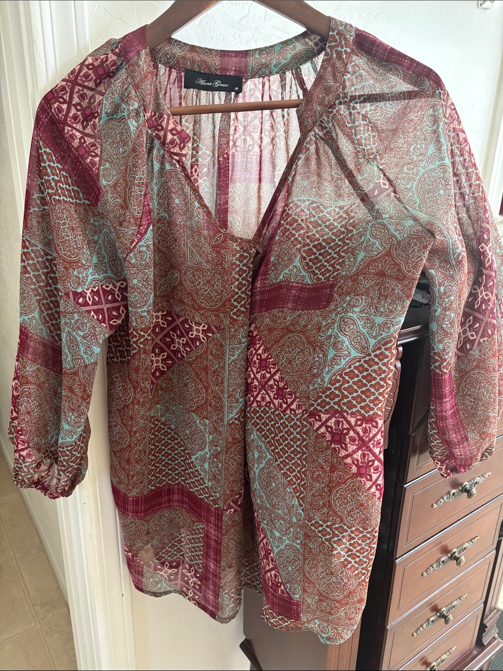 Susan Graver Burgundy, Turquoise & Tan Printed V-Neck Tunic Top